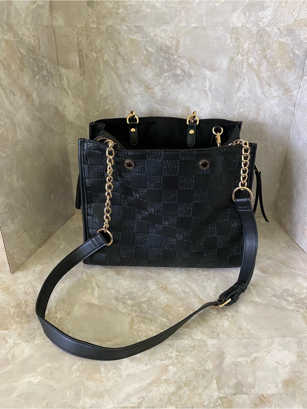 STEVE MADDEN Black Leather Top-Handle Purse with Chain Strap